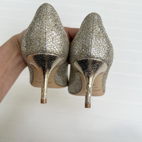 Jimmy Choo Isabel Champagne Glitter Peep Toe Pumps 38.5 Bridal Wedding Heel - Picture 7 of 12